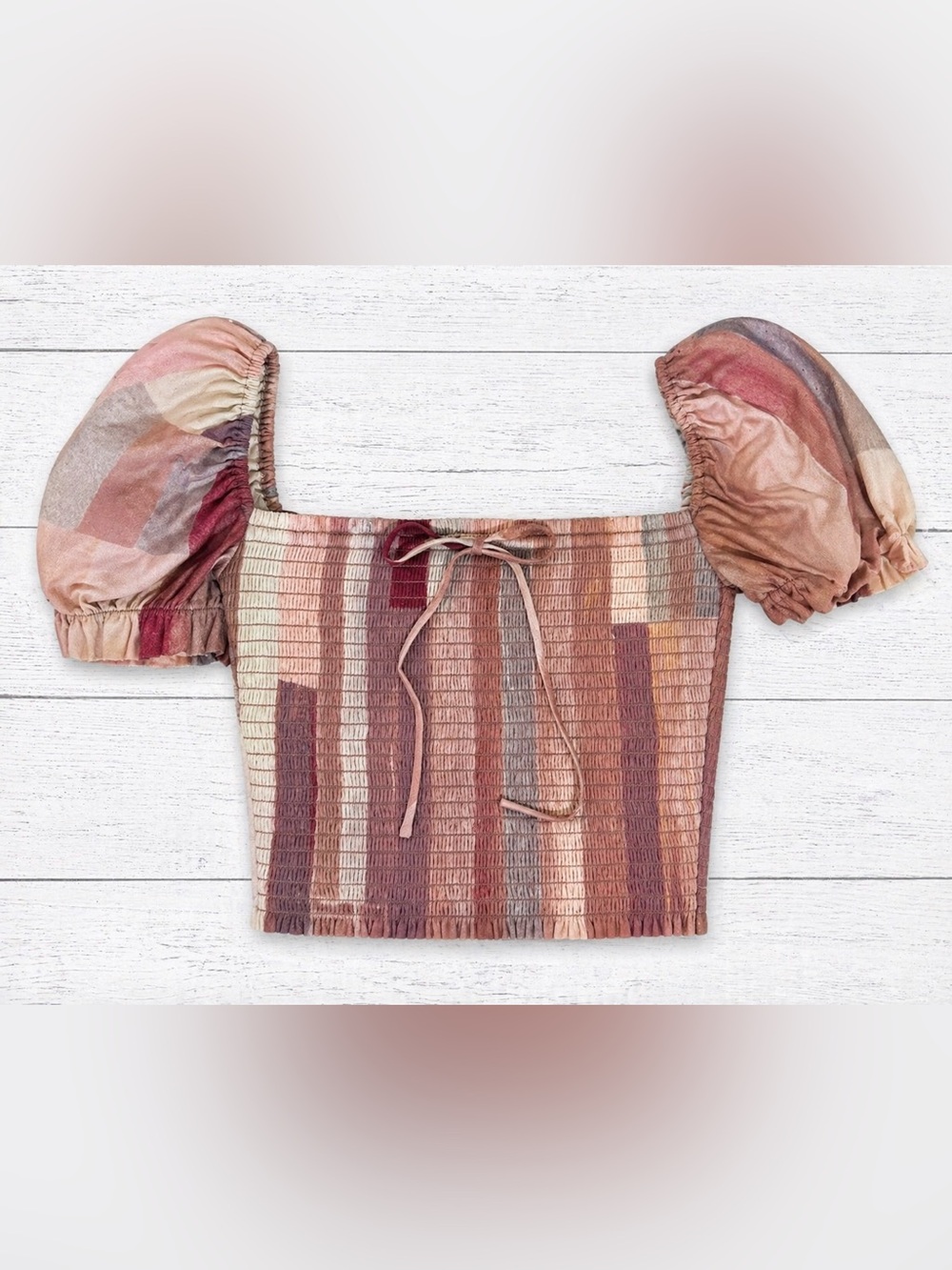 Wilfred Aritzia Smocked Puff Sleeve Crop Top XS | Striped Tie Front